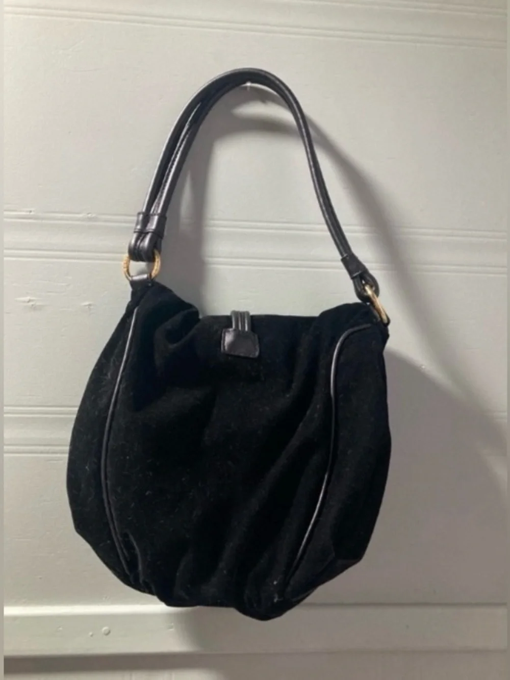 Chaps Black Velvet Bag with Leather Strap and Gold Plaque Elegant Handbag
